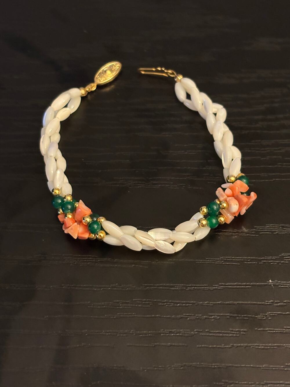 Vintage Freshwater Pearl Bracelet Coral Jade Gold Tone